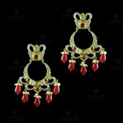 GOLD PLATED CZ PEARL AND RUBY CHANDBALI EARRINGS