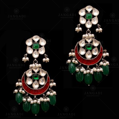 OXIDIZED SILVER RED AND GREEN ONYX WITH KUNDAN AND PEARL CHANDBALI EARRINGS
