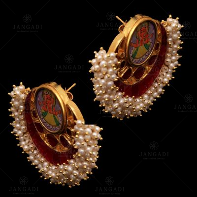 GOLD PLATED HAND PAINTING CHANBALI GANESHA RED ONYX AND PEARL BEADS DROPS EARRINGS