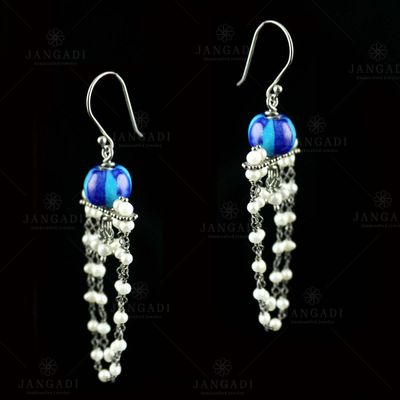 STERLING SILVER BLUE POTTERY AND PEARL BEADS EARRINGS