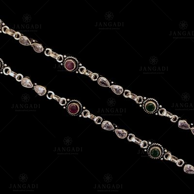 STERLING SILVER RED AND GREEN CORUNDUM AND CZ FANCY ANKLETS