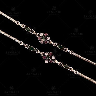 STERLING SILVER RED AND GREEN CORUNDUM AND CZ FANCY ANKLETS