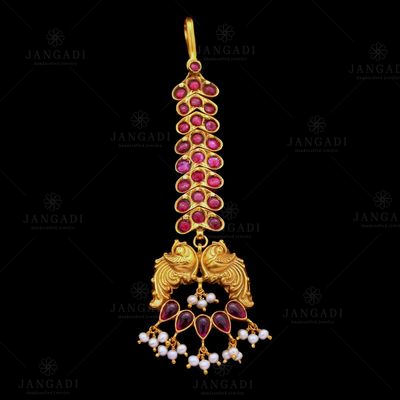 GOLD PLATED RED ONYX AND PEARL BEADS NETHI CHUTTI