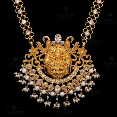 GOLD PLATED LAKSHMI CZ  AND PEARL BEADS NECKLACE