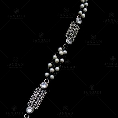 OXIDIZED SILVER CZ AND PEARL BEADS NECKLACE