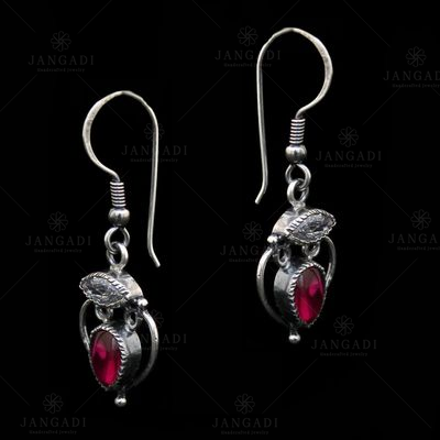 STERLING SILVER CZ AND RED PEAR HANGING EARRINGS