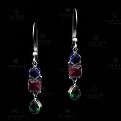 STERLING SILVER BLUE HYDRO WITH RED AND GREEN PEAR HANGING EARRINGS