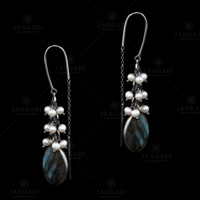 STERLING SILVER LABRODRITE  STONE PEAR AND PEARL BEADS EARRINGS