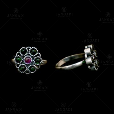 OXIDIZED SILVER RED AND GREEN CORUNDUM  TOE RINGS