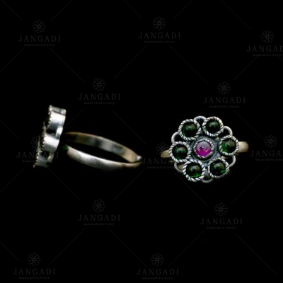 OXIDIZED SILVER RED AND GREEN CORUNDUM  TOE RINGS