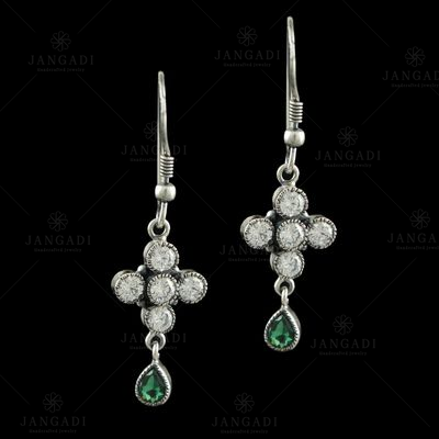 OXIDIZED SILVER CZ AND GREEN PEAR BEADS EARRINGS
