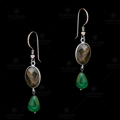 STERLING SILVER LABRODRITE AND GREEN PEAR BEAD EARRINGS