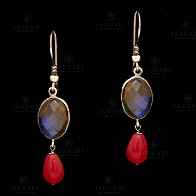 STERLING SILVER LABRODRITE AND RED PEAR BEAD EARRINGS