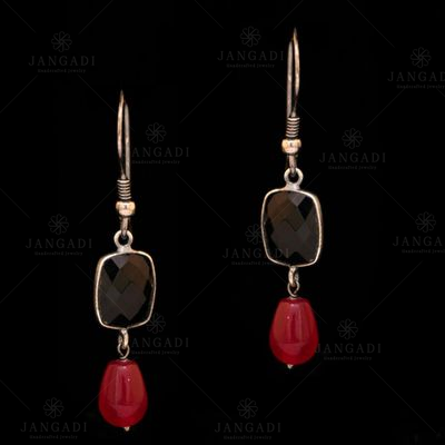 STERLING SILVER BLACK ONYX AND RED PEAR BEAD EARRINGS