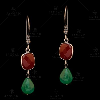 STERLING SILVER REDONYX AND RED PEAR BEAD EARRINGS