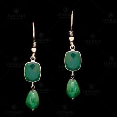 STERLING SILVER GREEN ONYX AND RED PEAR BEAD EARRINGS