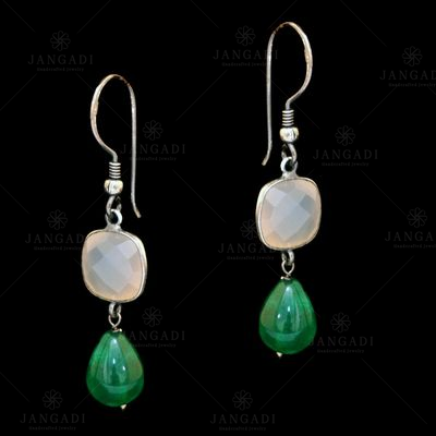 STERLING SILVER SMOKY CHALCY AND GREEN PEAR BEAD EARRINGS
