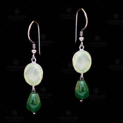 STERLING SILVER GREEN CHALCY AND GREEN PEAR BEAD EARRINGS
