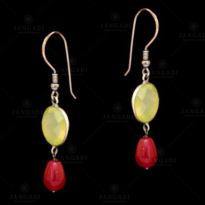 STERLING SILVER GREEN CHALCY AND RED PEAR BEAD EARRINGS