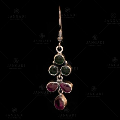 STERLING SILVER RED AND GREEN CORUNDUM EARRINGS